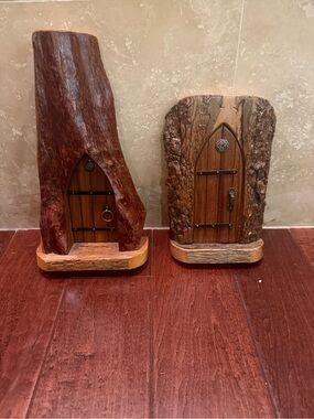 Handmade hand crafted wood whimsical magical fairy doors.  12 3/4” and 9 3/4”.